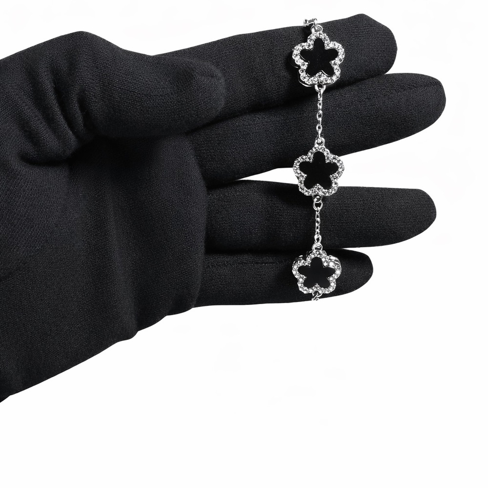 Swarovski Silver-Tone Floral Link Bracelet with Black Accents